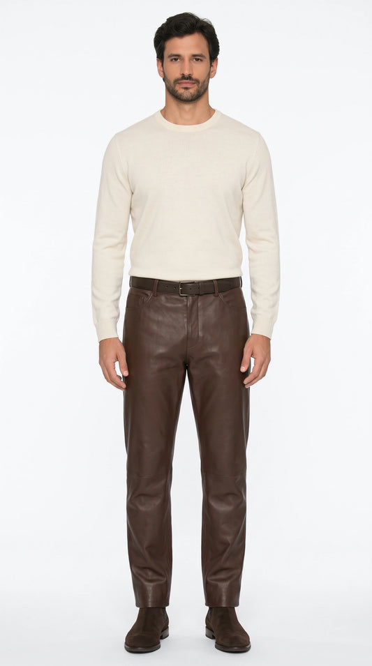 Men's chocolate leather relaxed trousers – The Noir Kemble by Christopher Noir