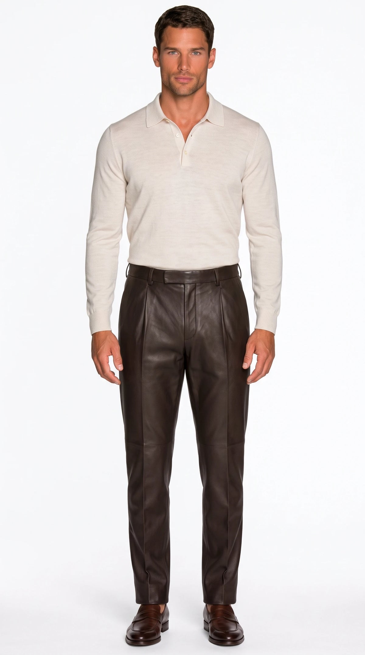 The Noir Moreton espresso leather pleated trousers by Christopher Noir