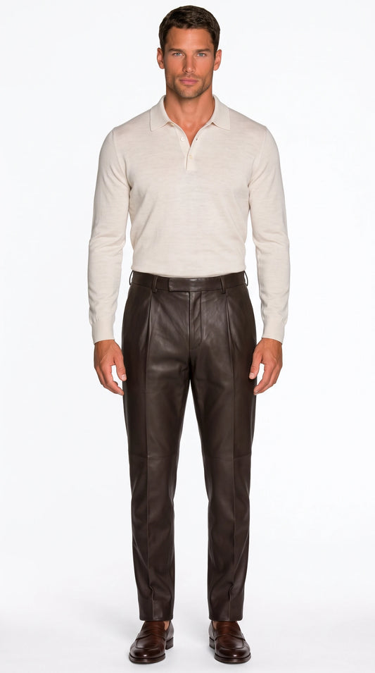 The Noir Moreton espresso leather pleated trousers by Christopher Noir