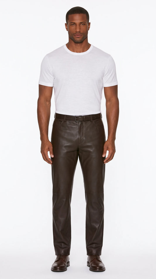 The Noir Sherston dark brown leather straight trousers by Christopher Noir