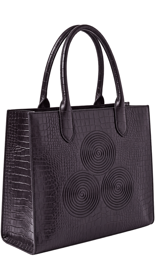 The Noir Ashbourne — Black Croc-Embossed Logo Tote