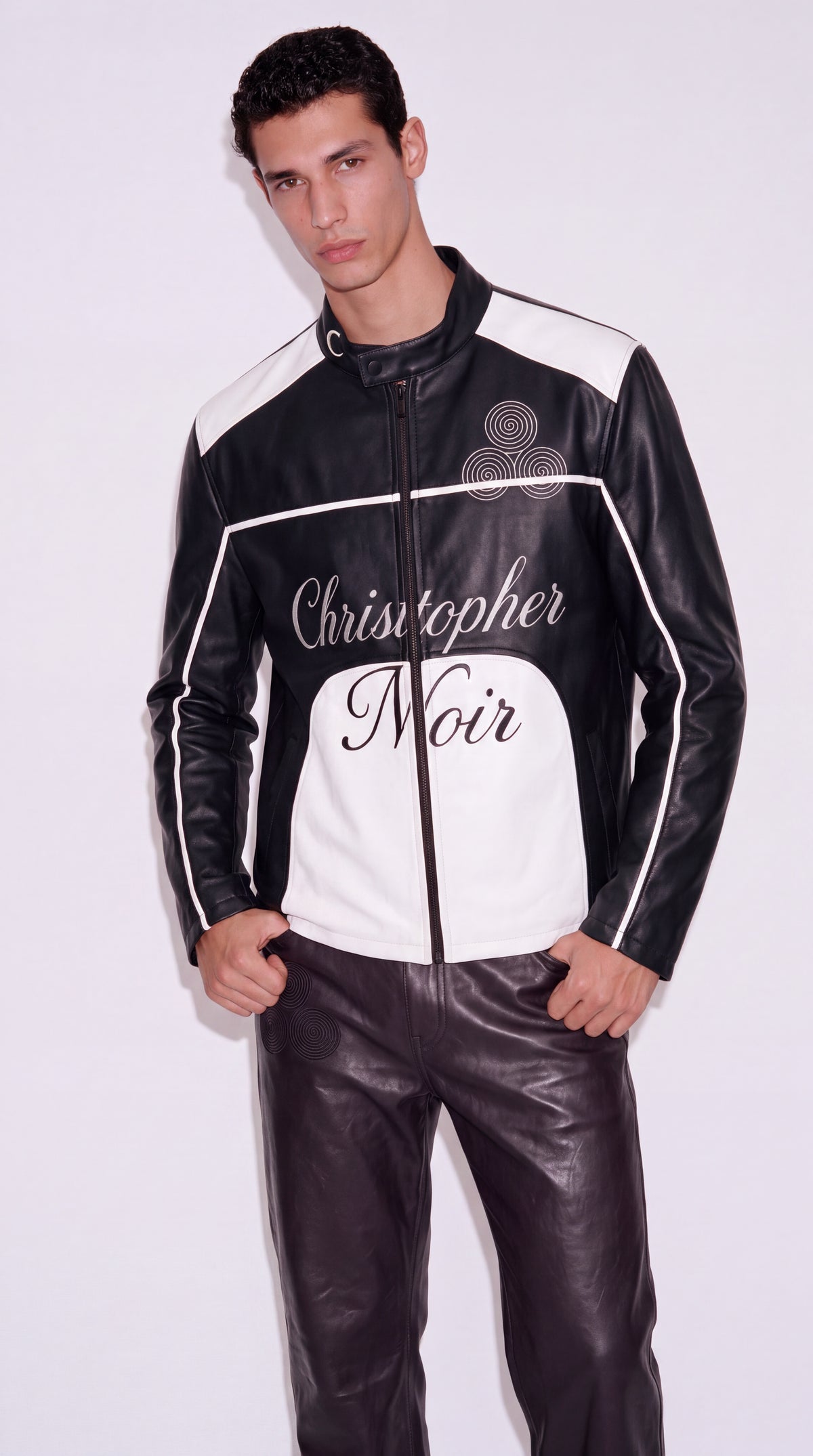 Original CNOIR statement jacket in lambskin with white front panel and raised embroidery