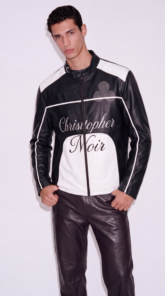 Original CNOIR statement jacket in lambskin with white front panel and raised embroidery