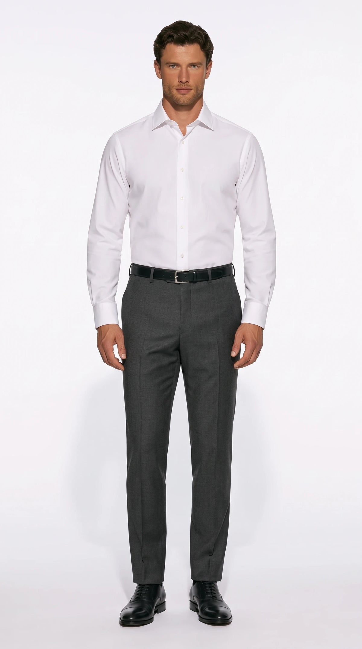 The Noir Burford charcoal wool flat-front trousers by Christopher Noir