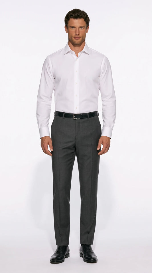 The Noir Burford charcoal wool flat-front trousers by Christopher Noir