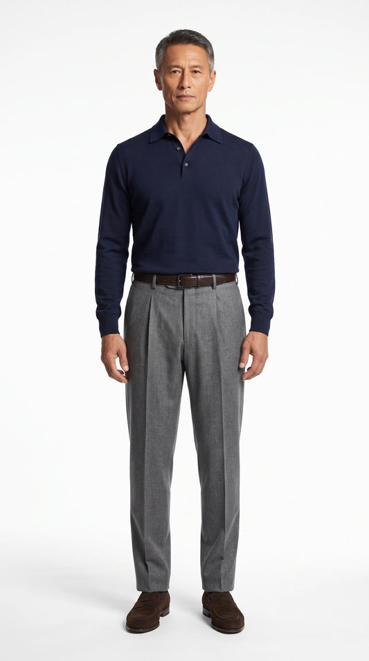 The Noir Painswick mid grey wool single-pleat trousers by Christopher Noir