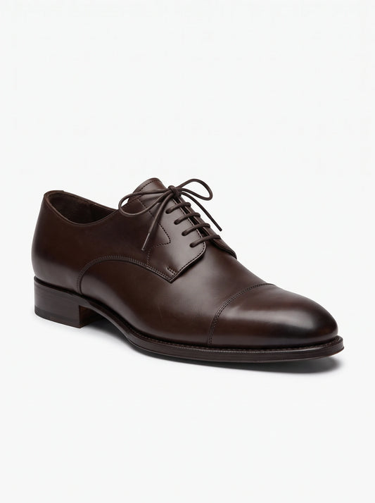 Men's dark brown leather cap-toe Derby – The Noir Montagu by Christopher Noir
