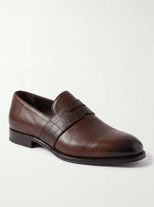 The Noir Coniston brown patina and croc-embossed loafer by Christopher Noir