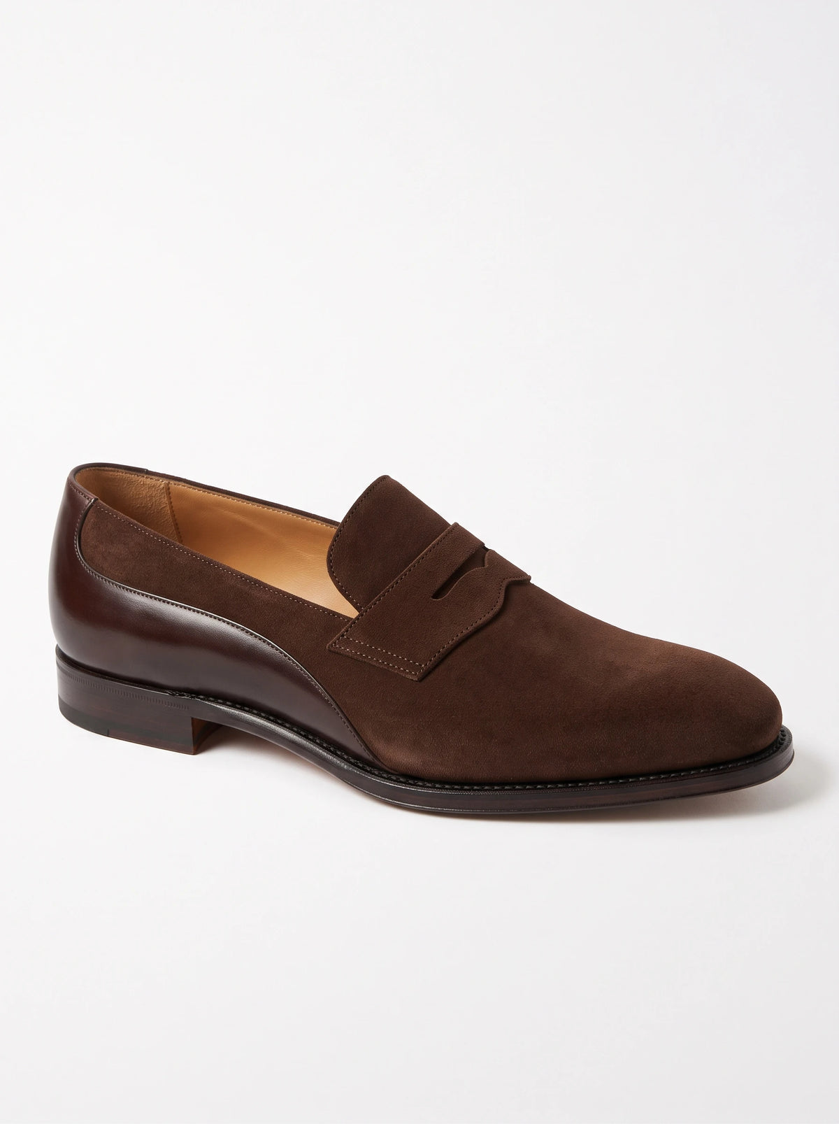 The Noir Ullswater chocolate suede and calf penny loafer by Christopher Noir