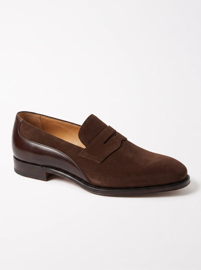 The Noir Ullswater chocolate suede and calf penny loafer by Christopher Noir