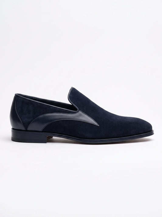 The Noir Derwent navy suede and nappa Venetian loafer by Christopher Noir