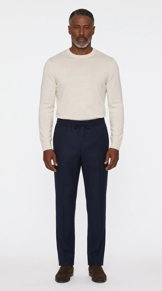 The Noir Southwold navy wool leisure trouser by Christopher Noir