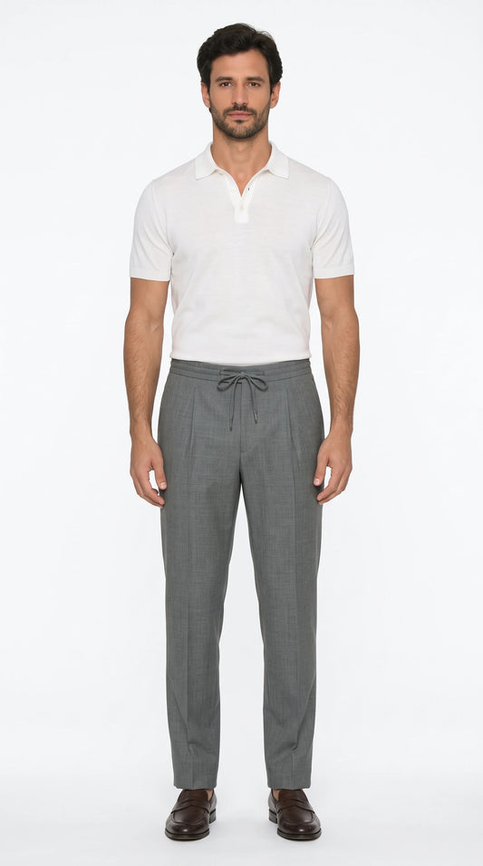 The Noir Walberswick grey wool pleated trouser by Christopher Noir