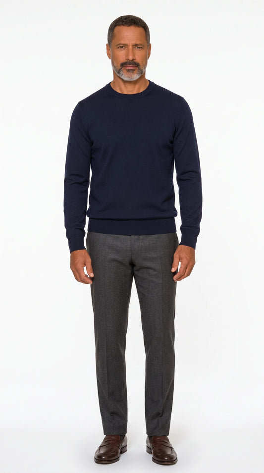 The Noir Fowey navy merino wool crewneck by Christopher Noir