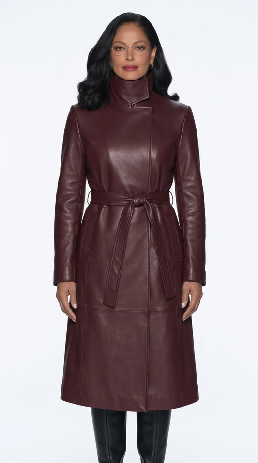 The Noir Holkham burgundy leather trench coat by Christopher Noir
