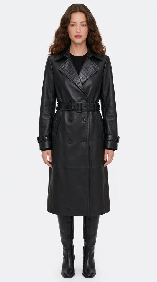 The Noir Syon black croc-embossed leather trench coat by Christopher Noir