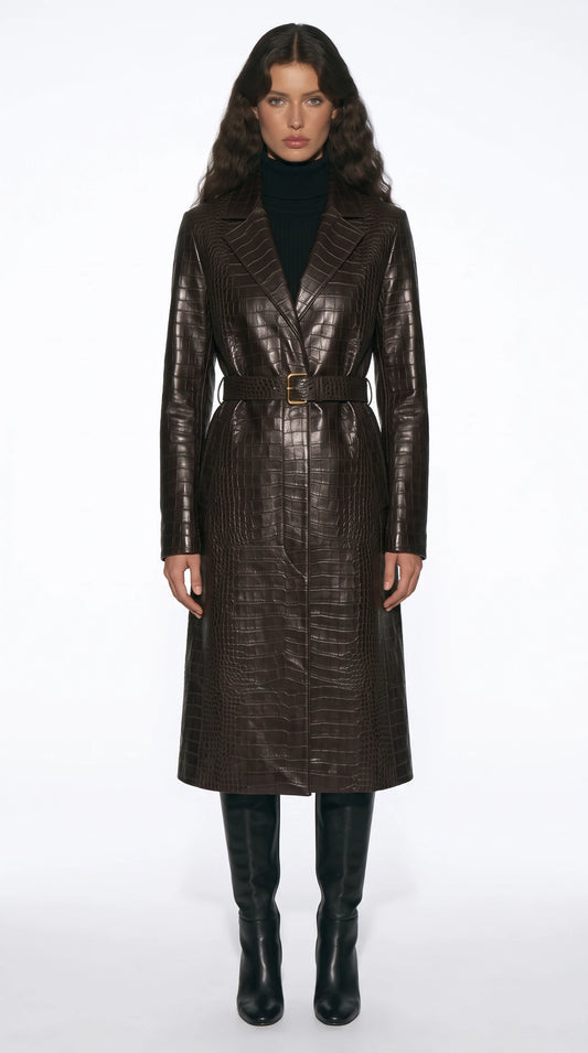 The Noir Kenwood espresso gator-embossed leather trench coat by Christopher Noir