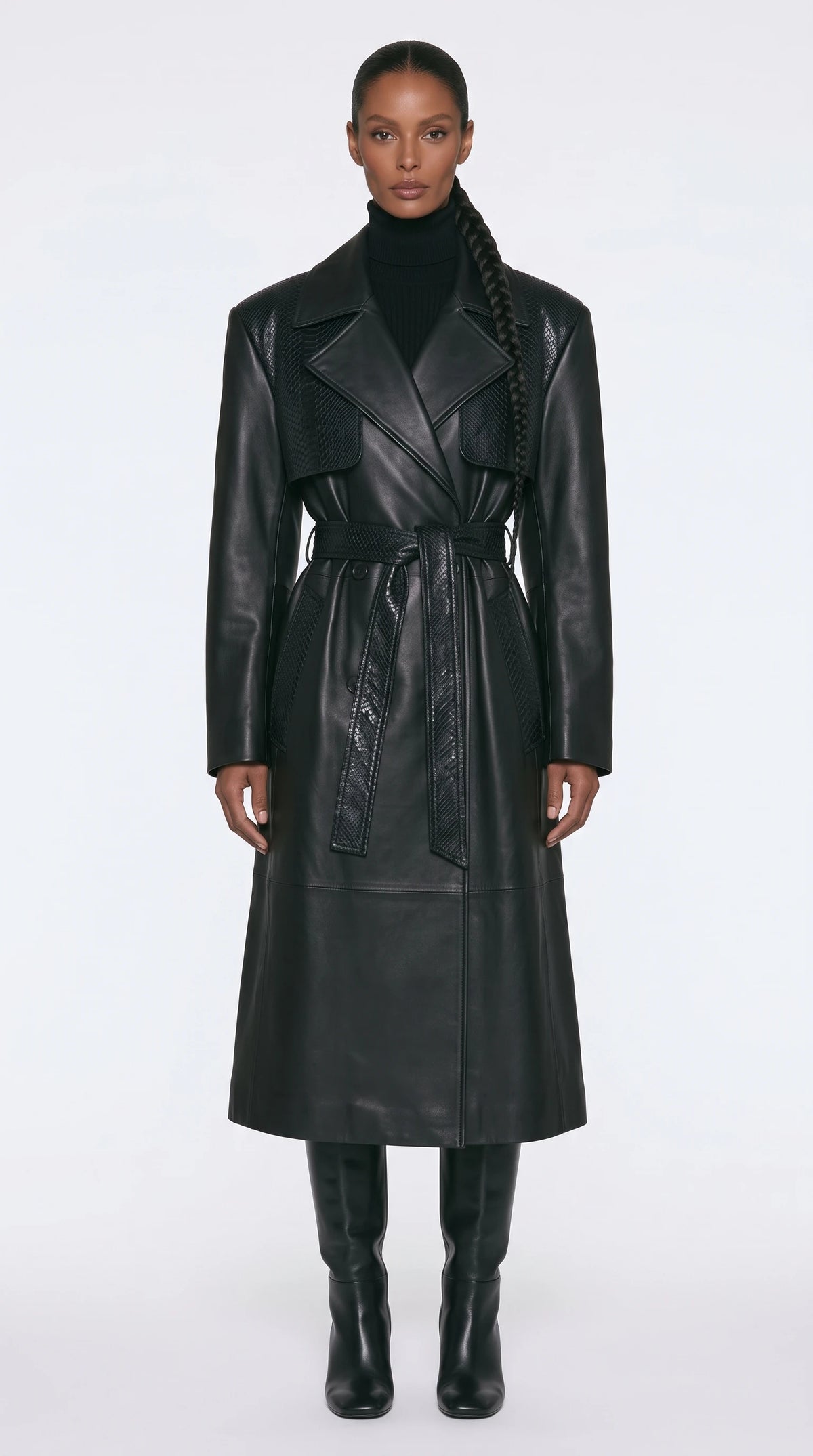 The Noir Audley black snake-panel leather trench coat by Christopher Noir