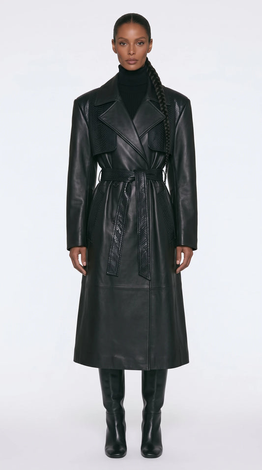 The Noir Audley black snake-panel leather trench coat by Christopher Noir