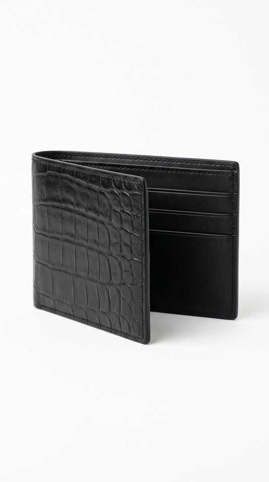 Men's black croc-embossed leather bifold wallet – The Noir Alnwick by Christopher Noir