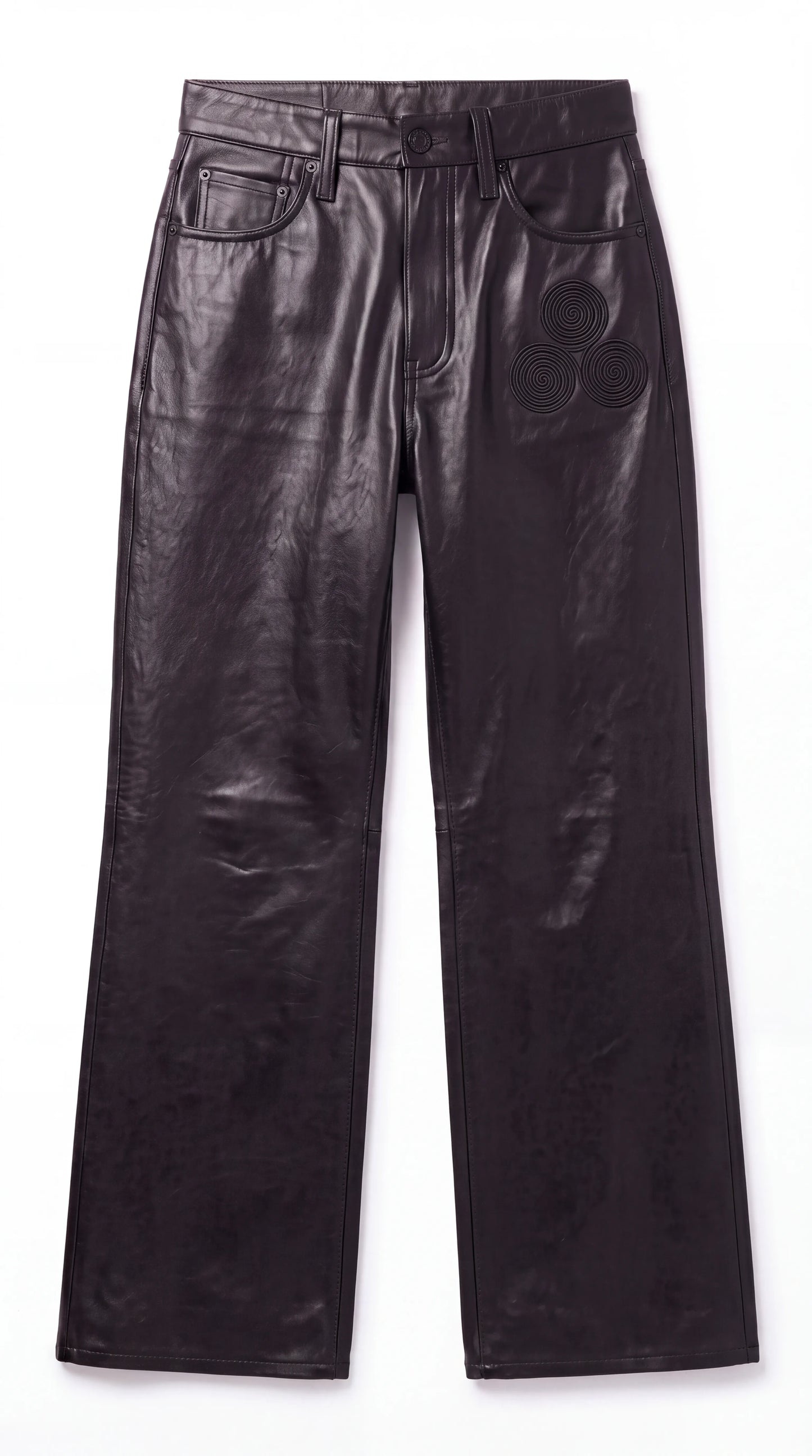 The Noir Flare — Spiral-Embroidered Leather Wide-Leg Jeans (Unisex)
