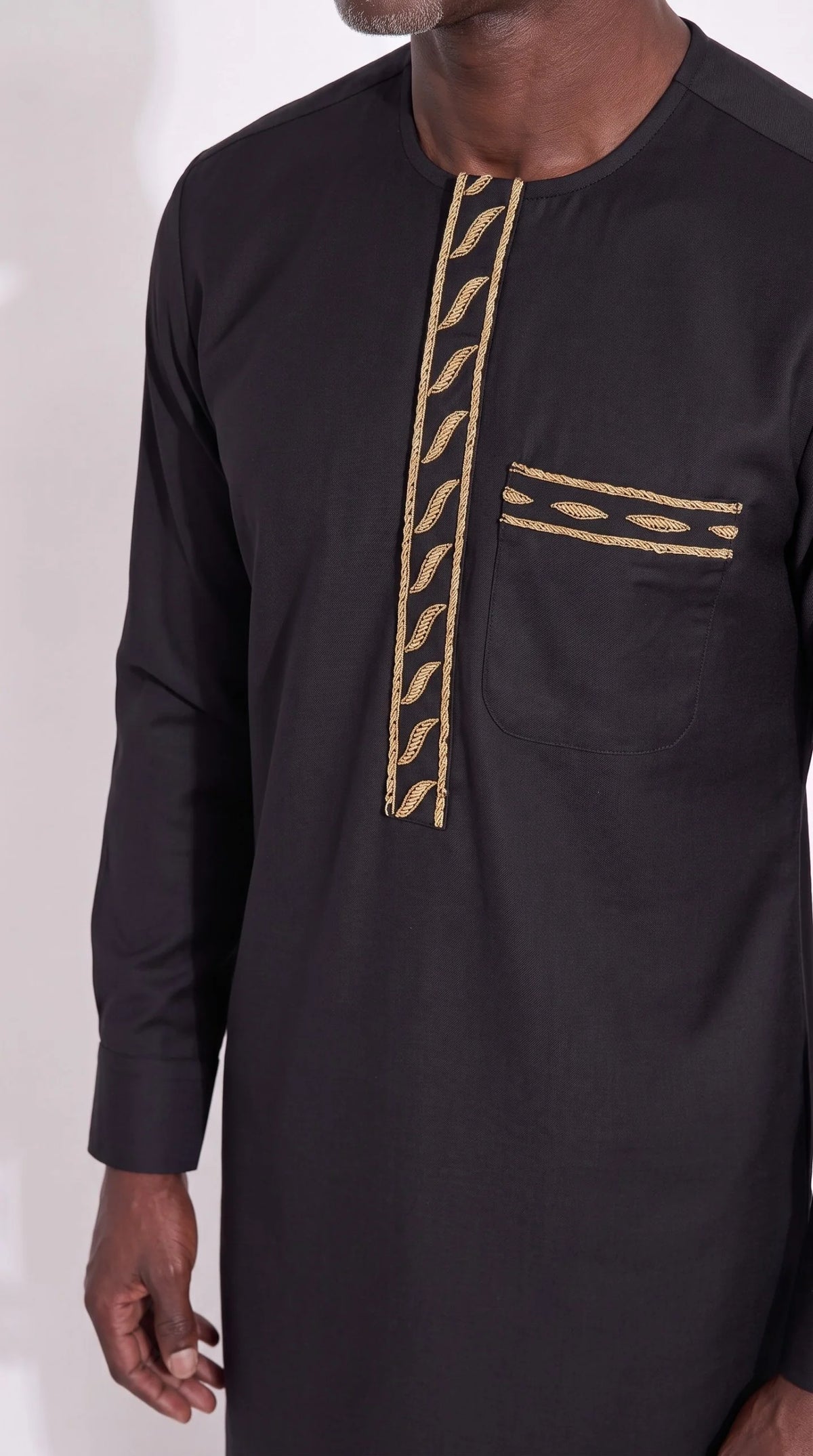 Black Gold Bullion Leaf Kaftan Set — gold-tone leaf embroidery and pocket detail, Christopher Noir