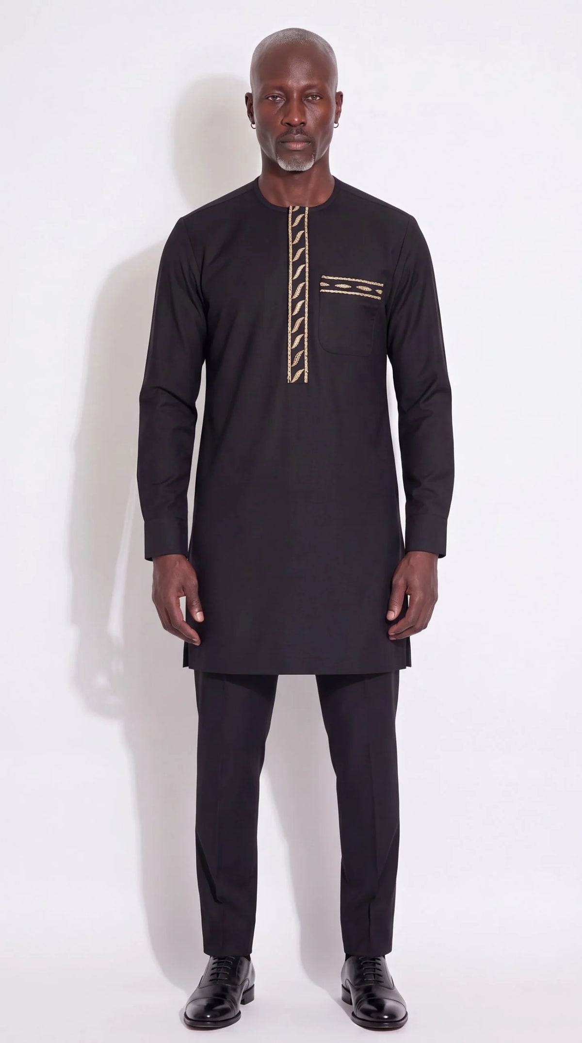 Black Gold Bullion Leaf Kaftan Set — front view, Christopher Noir