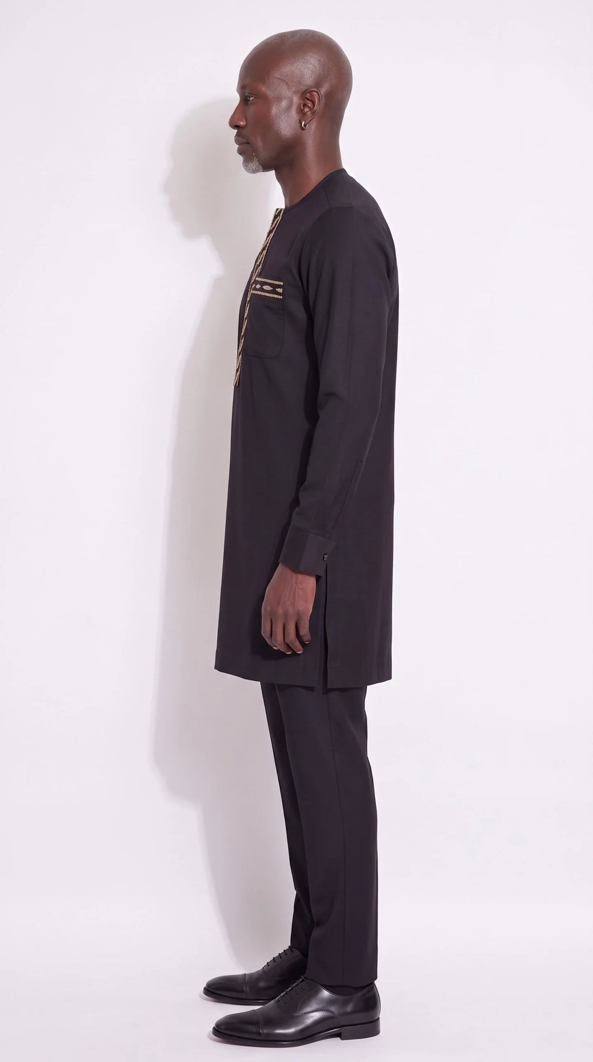 Black Gold Bullion Leaf Kaftan Set — side profile, Christopher Noir