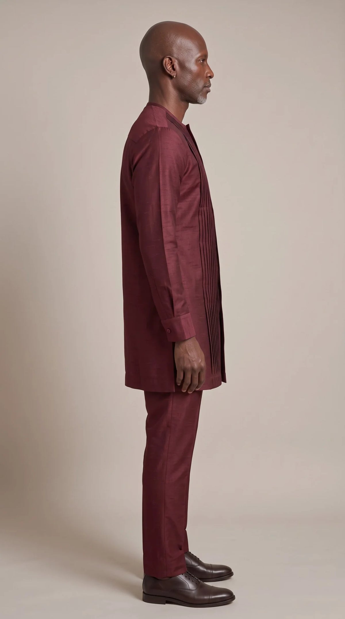 Burgundy Pleat-Panel Kaftan Set — side profile view