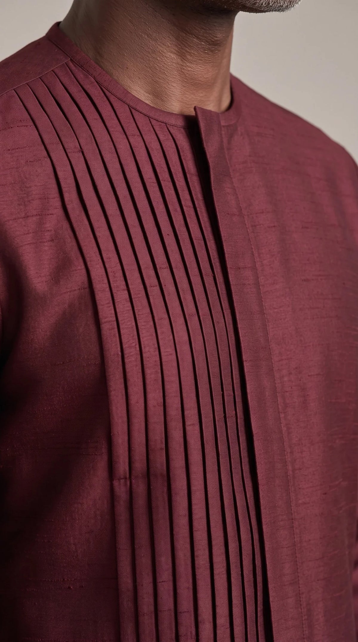 Burgundy Pleat-Panel Kaftan Set — neckline and front detail
