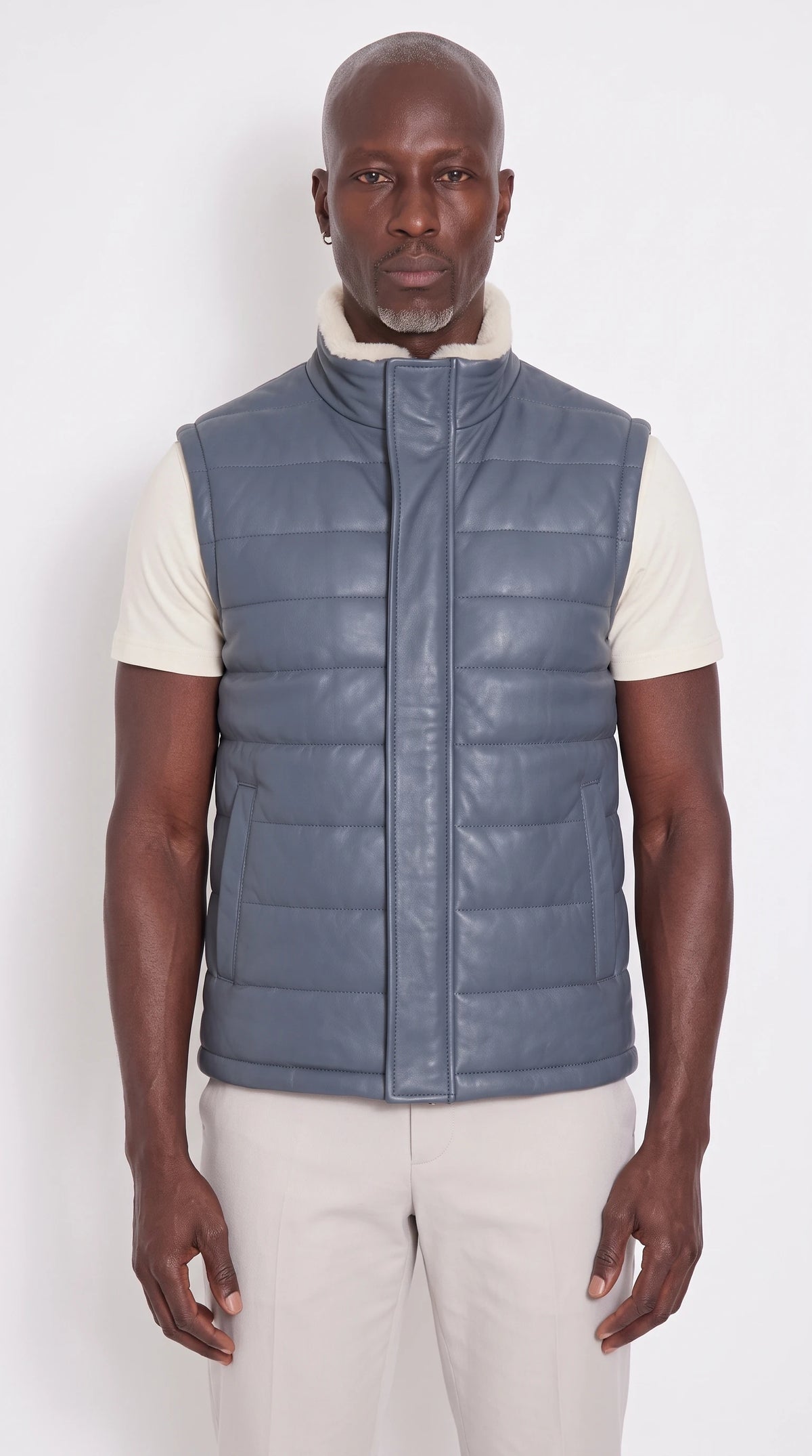 The Noir Kew slate blue quilted leather gilet by Christopher Noir, front view