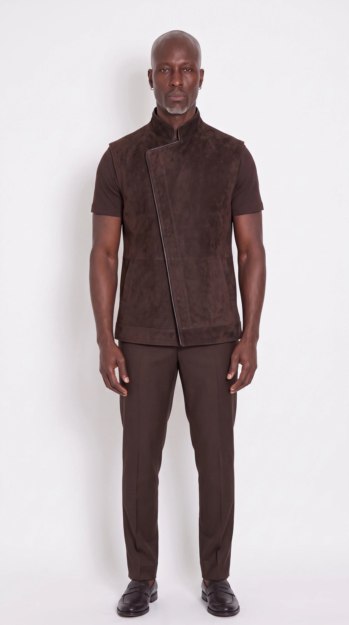 The Noir Putney chocolate suede asymmetric gilet by Christopher Noir, front view
