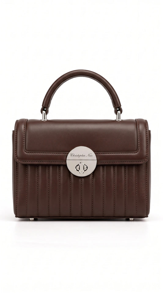 Christopher Noir Abingdon chocolate brown ribbed leather top-handle handbag with silver twist-lock clasp