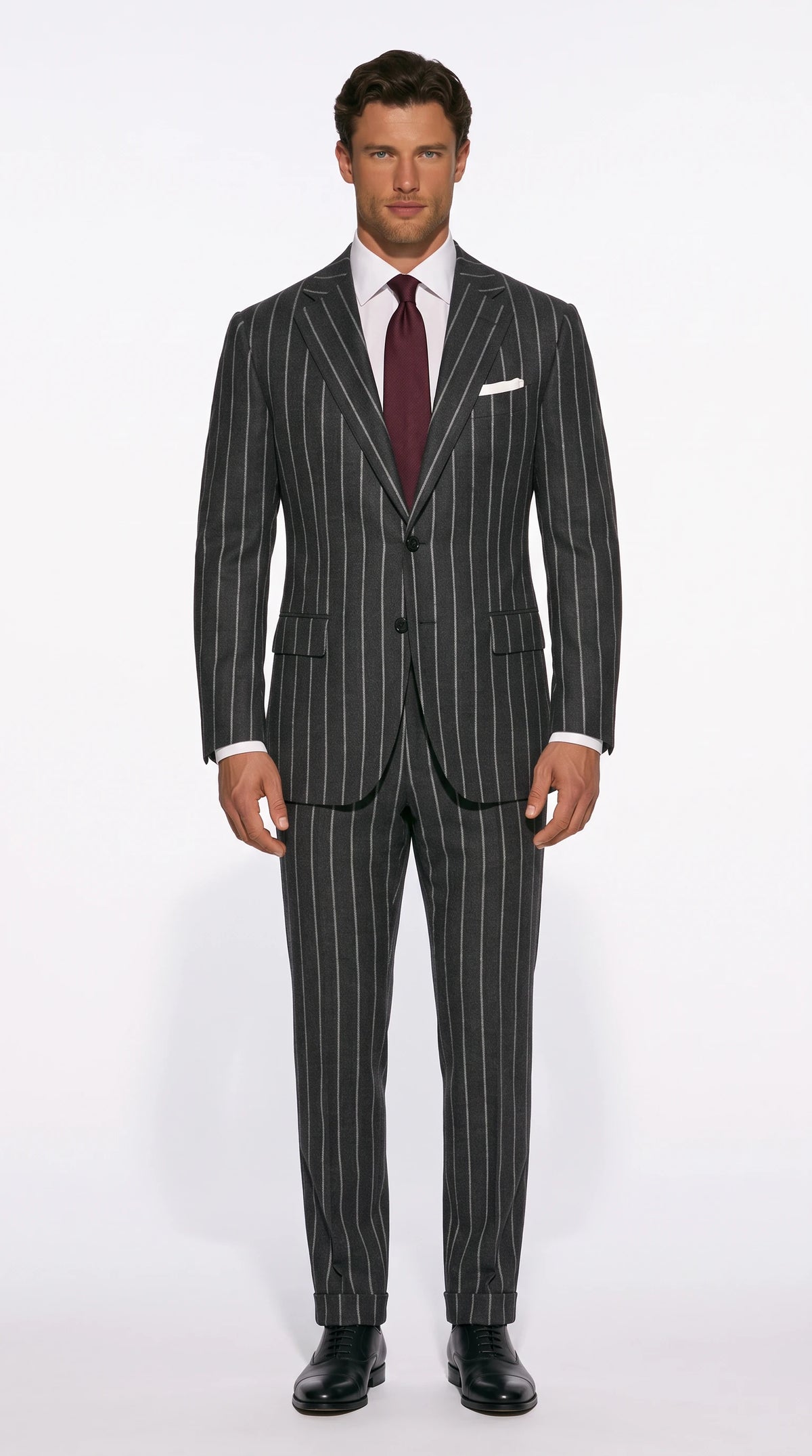 Christopher Noir classic chalk-stripe suit in charcoal grey with soft broad stripes