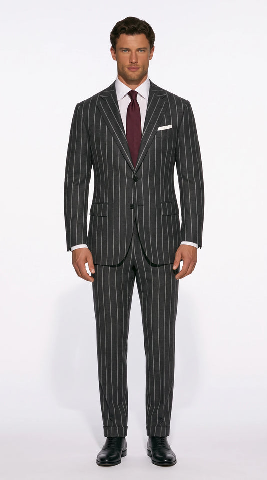 Christopher Noir classic chalk-stripe suit in charcoal grey with soft broad stripes