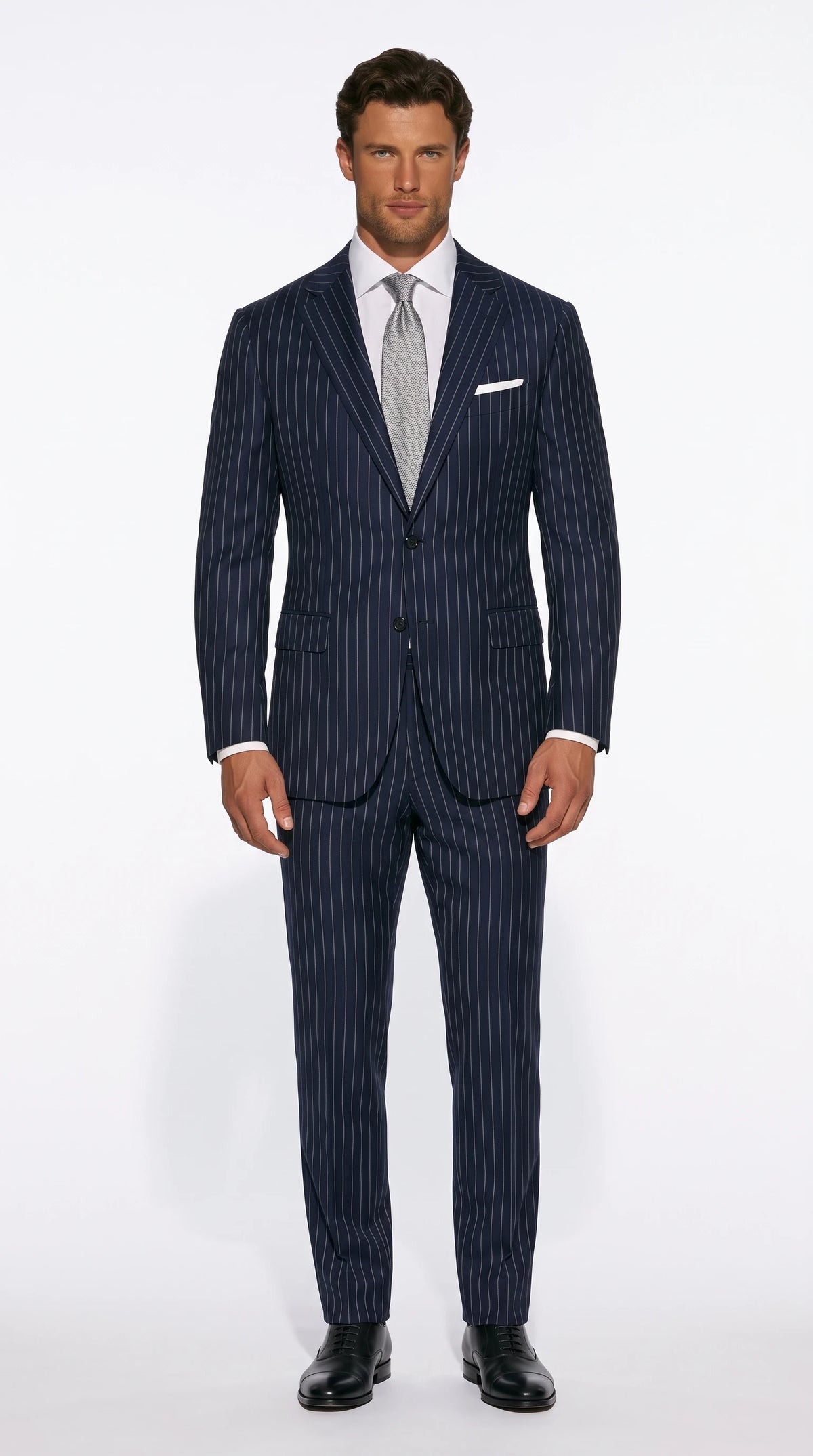 Christopher Noir classic pinstripe suit in navy with fine vertical stripes