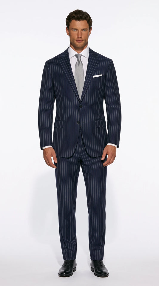 Christopher Noir classic pinstripe suit in navy with fine vertical stripes