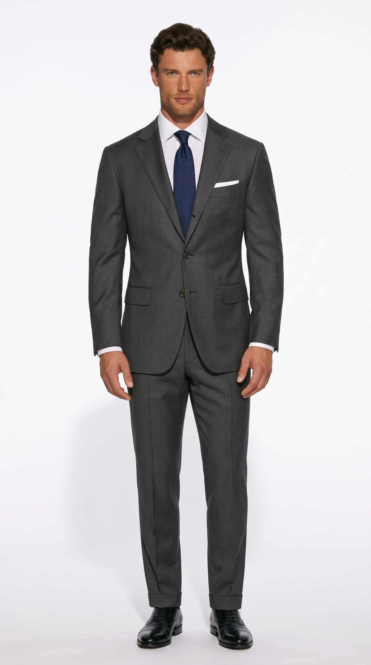 Christopher Noir classic single-breasted three-button suit in charcoal grey with notch lapels