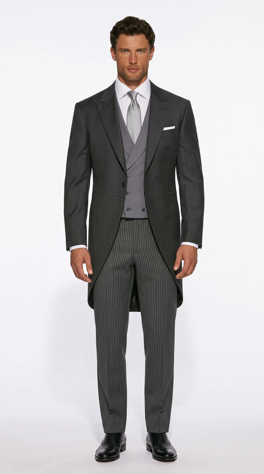 Christopher Noir classic morning suit with charcoal cutaway coat, grey double-breasted waistcoat and striped trousers