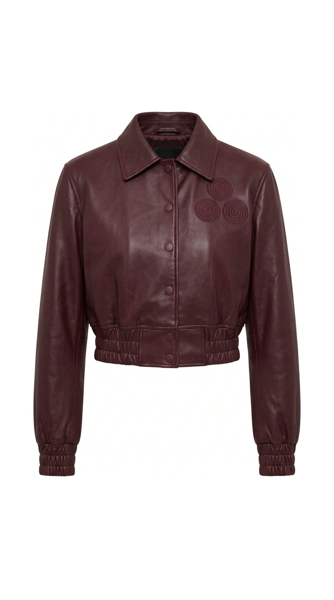 CNOIR Leather Bomber Jacket in Lambskin (Cropped) flatlay, burgundy
