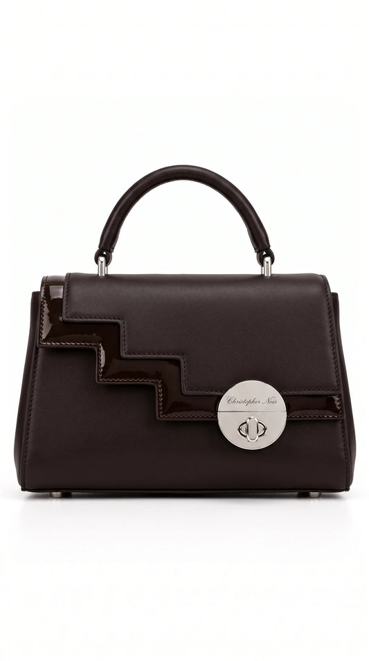 Christopher Noir Hexham espresso brown leather top-handle handbag with stepped patent trim
