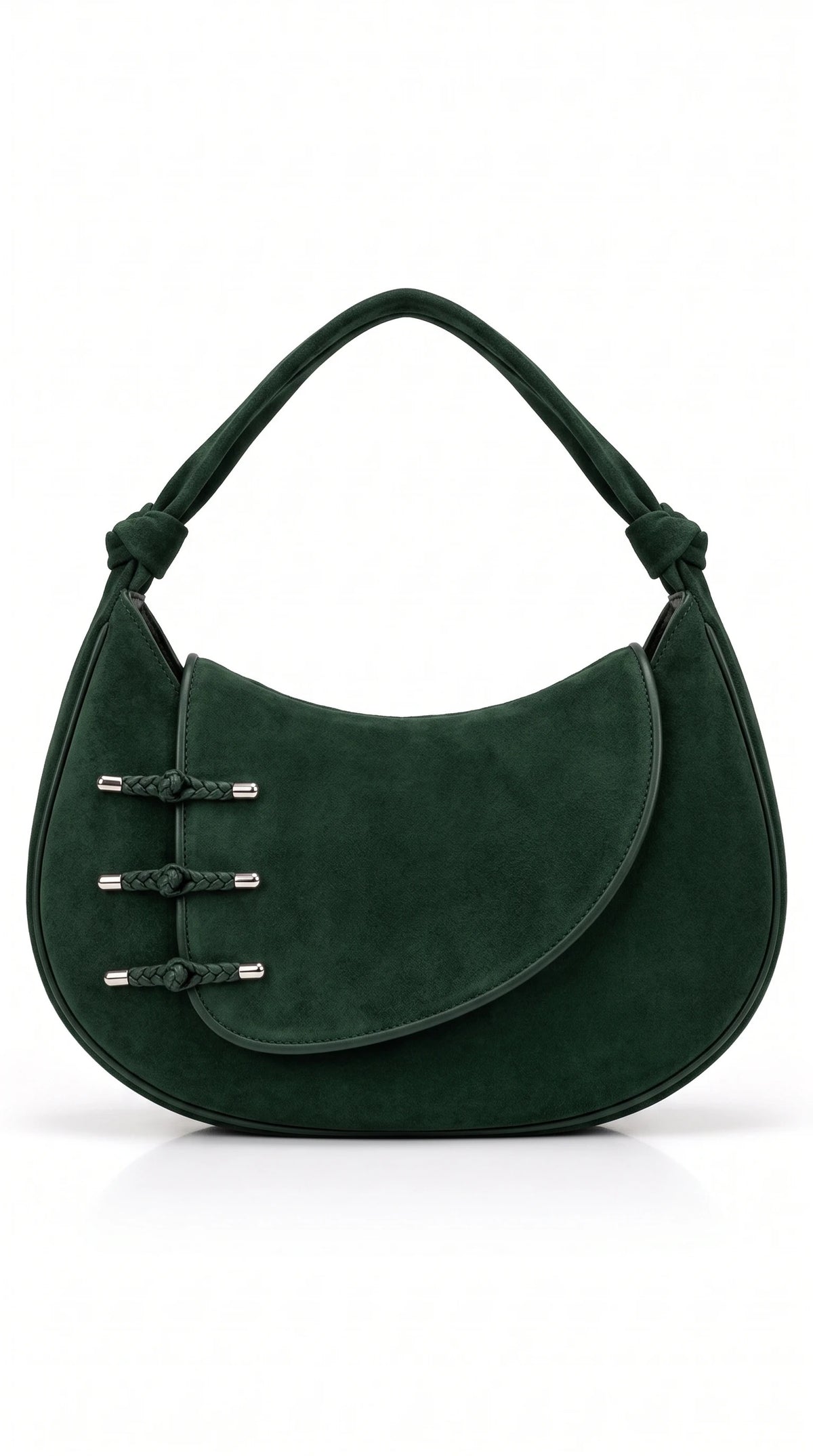 Christopher Noir Kelmscott forest green suede crescent shoulder bag with braided toggle fastenings
