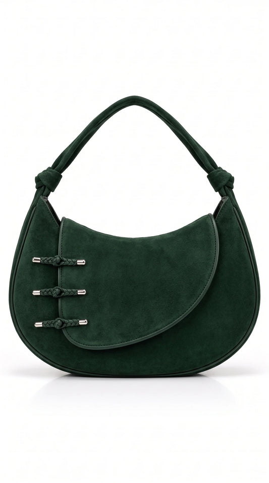 Christopher Noir Kelmscott forest green suede crescent shoulder bag with braided toggle fastenings