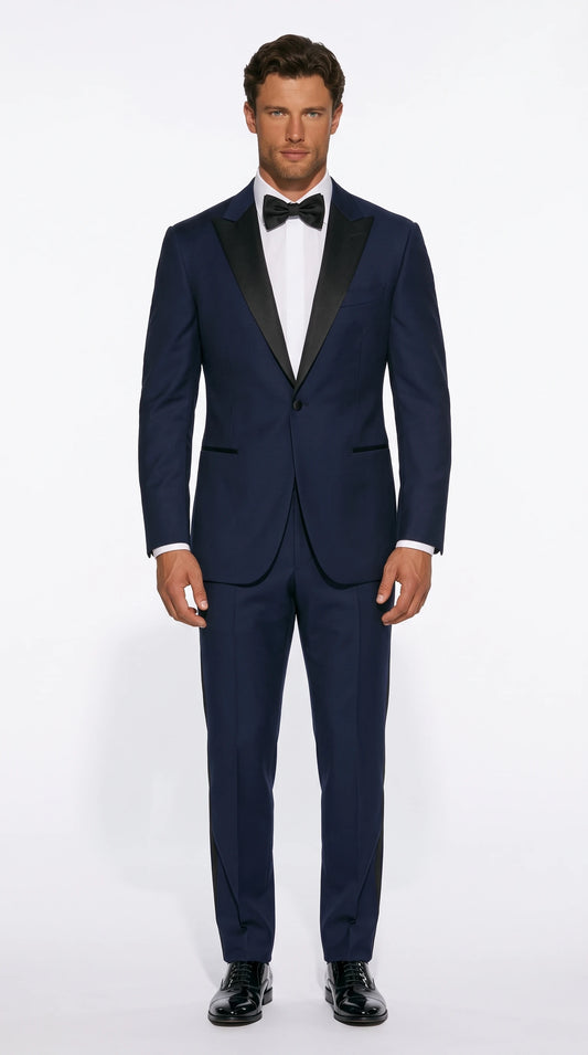 Christopher Noir peak-lapel tuxedo in midnight navy with black satin lapels