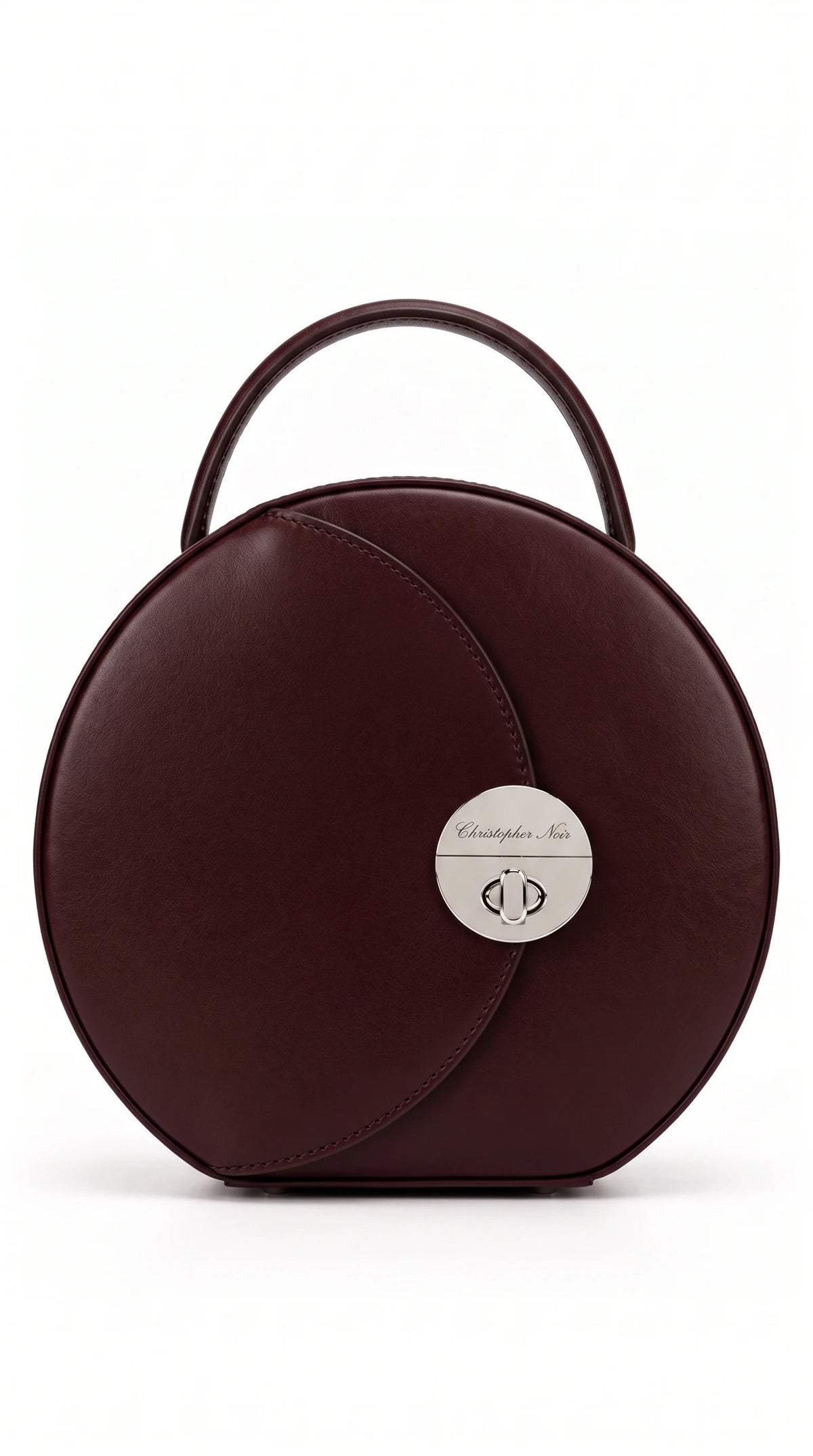 Christopher Noir Rothbury burgundy circular leather top-handle handbag with silver twist-lock clasp