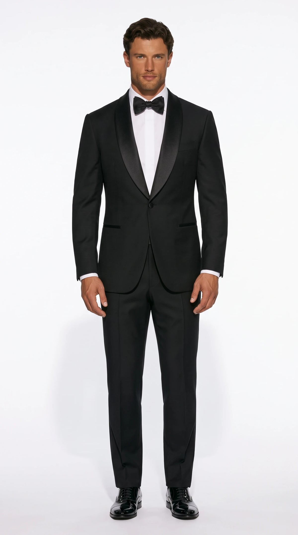 Christopher Noir shawl-lapel tuxedo in black with satin collar and bow tie