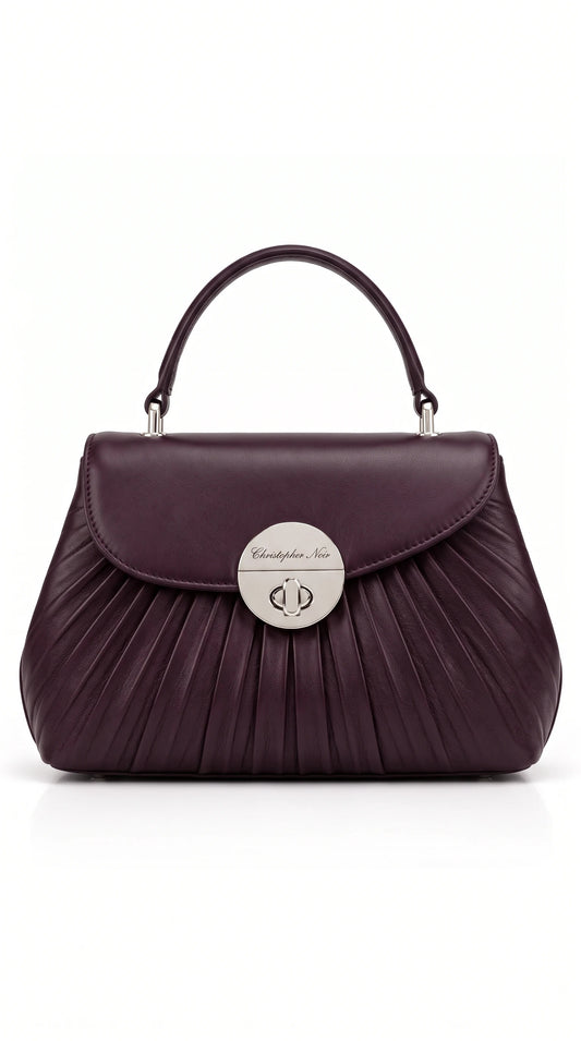 Christopher Noir Thornbury aubergine pleated leather top-handle handbag with silver twist-lock clasp