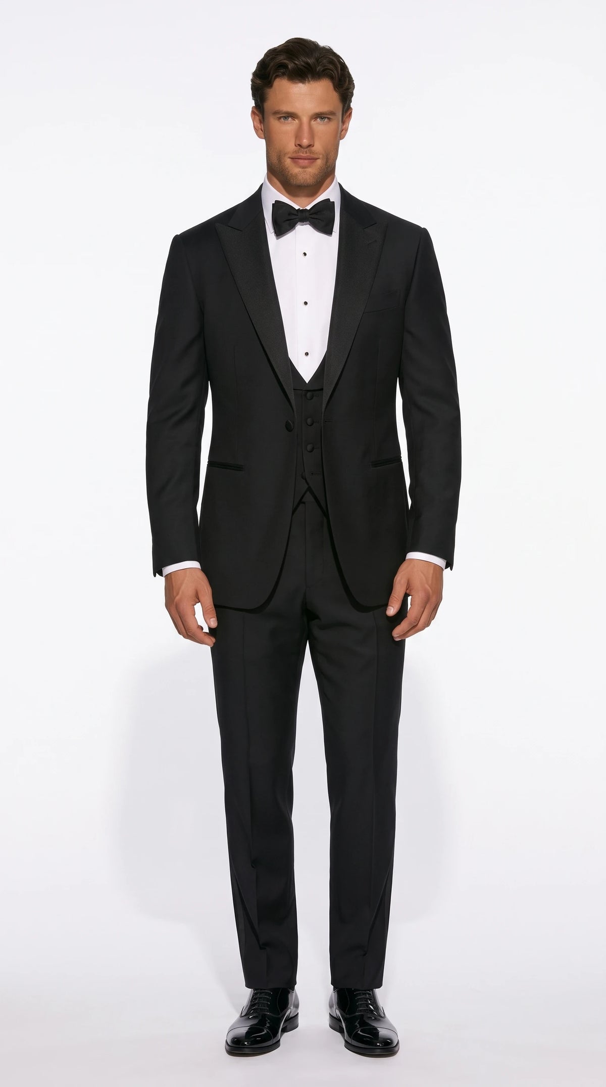 Christopher Noir traditional dinner suit in black with peak lapels and evening waistcoat