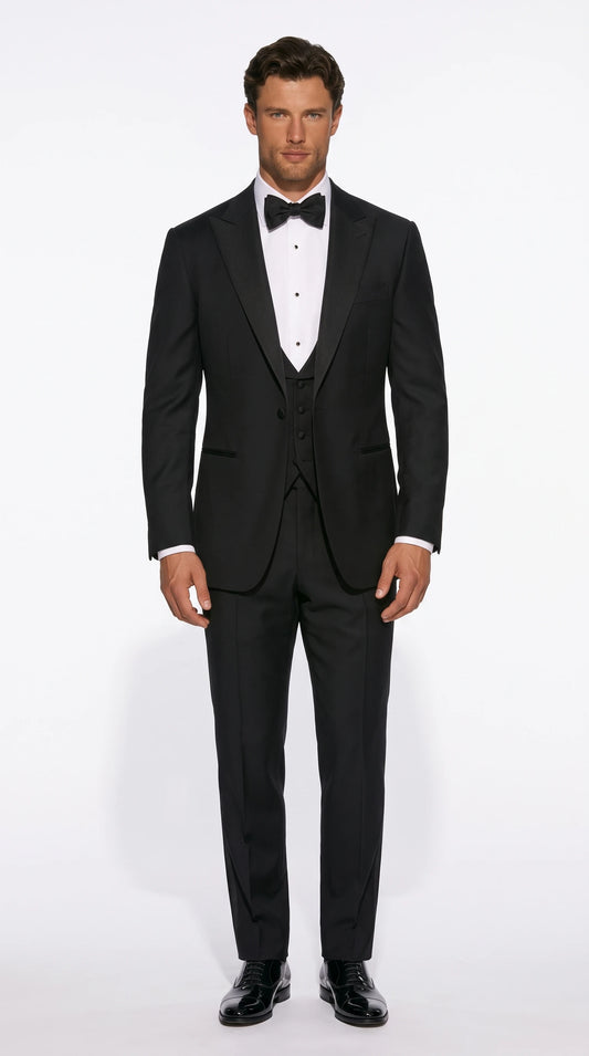 Christopher Noir traditional dinner suit in black with peak lapels and evening waistcoat