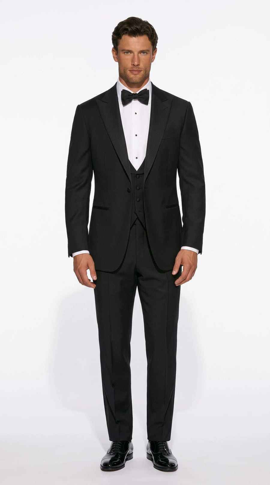 Christopher Noir traditional dinner suit in black with peak lapels and evening waistcoat